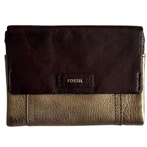 Fossil Leather Bifold Wallet in Dark Brown & Metallic Bronze